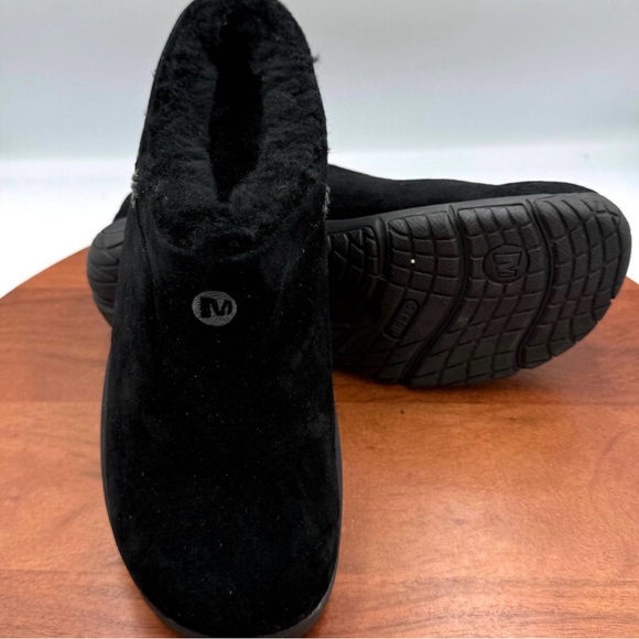 Merrell Black Suede cozy shearling Slip-On mules clogs 9.5 excellent condition - Picture 1 of 8